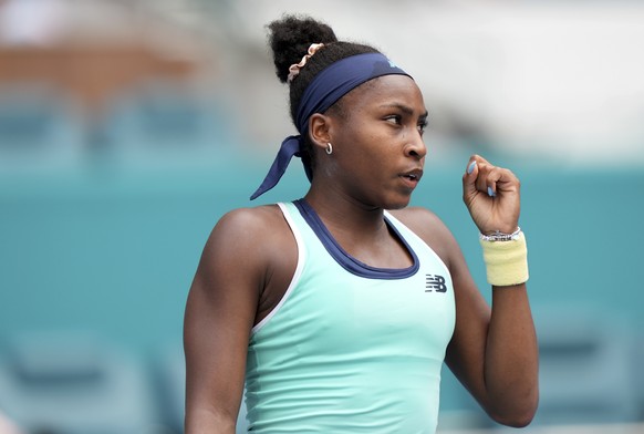 Coco Gauff reacts during her match against Maria Sakkari, of Greece, at the Miami Open tennis tournament, Saturday, March 22, 2025, in Miami Gardens, Fla. (AP Photo/Lynne Sladky)
Coco Gauff