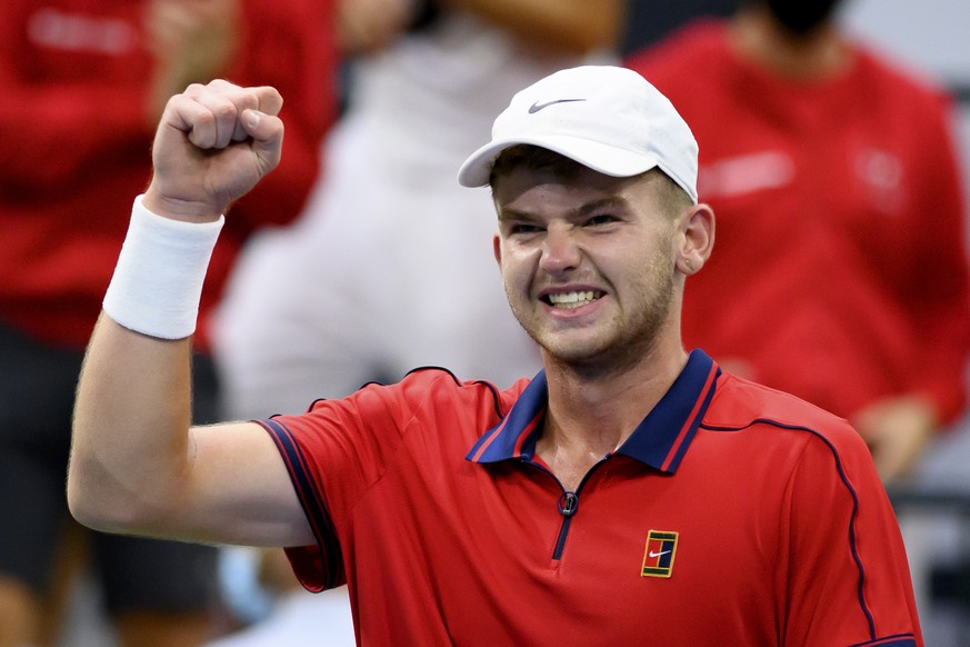 epa09475203 Switzerland&#039;s Jerome Kym celebrates his victory against Estonia&#039;s Siim Troost, during the Davis Cup World group 2 match 5 against Estonia&#039;s Siim Troost, in the Swiss Tennis  ...