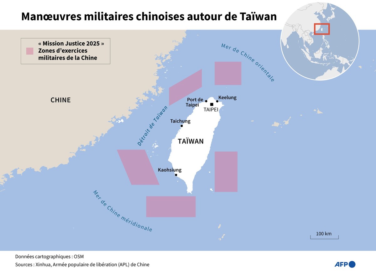 Carte montrant les cinq zones autour de Taïwan où la Chine a annoncé des exercices militaires baptisés "Mission Justice 2025" (Infographie de AFP)