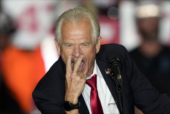 Peter Navarro speaks before Republican presidential nominee former President Donald Trump at a campaign rally at Greensboro Coliseum, Tuesday, Oct. 22, 2024, in Greensboro, N.C. (AP Photo/Julia Demare ...