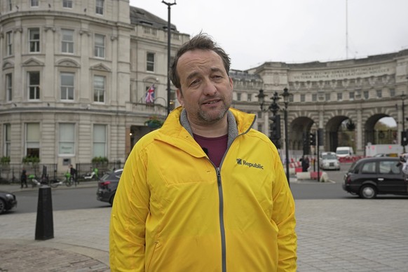 Graham Smith of the campaigning group republic speaks during an interview in London, Thursday, April 27, 2023. There will be dissenters among the cheering crowds when King Charles III travels by gilde ...