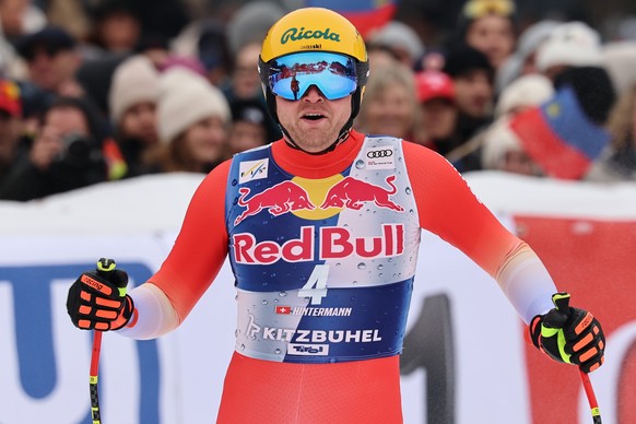 Switzerland's Niels Hintermann at the finish area of a men's alpine ski World Cup downhill, in Kitzbuehel, Austria, Saturday, Jan. 24, 2026. (AP Photo/Marco Trovati)
Austria World Cup Alpine ...