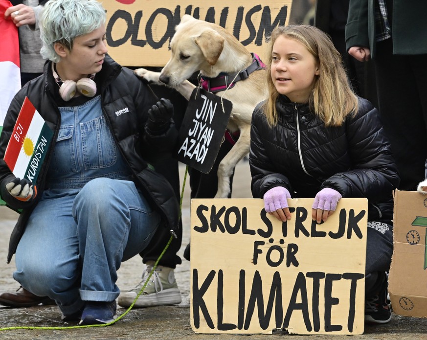 epa10242718 Greta Thunberg attends the Fridays For Future protest at Mynttorget in Stockholm, Sweden, 14 October 2022. EPA/Jonas Ekstromer SWEDEN OUT