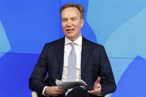 epa12778035 (FILE) Norwegian Borge Brende, President and CEO of the World Economic Forum (WEF), addresses the media during a press conference of the World Economic Forum Annual Meeting 2024 in Cologny ...