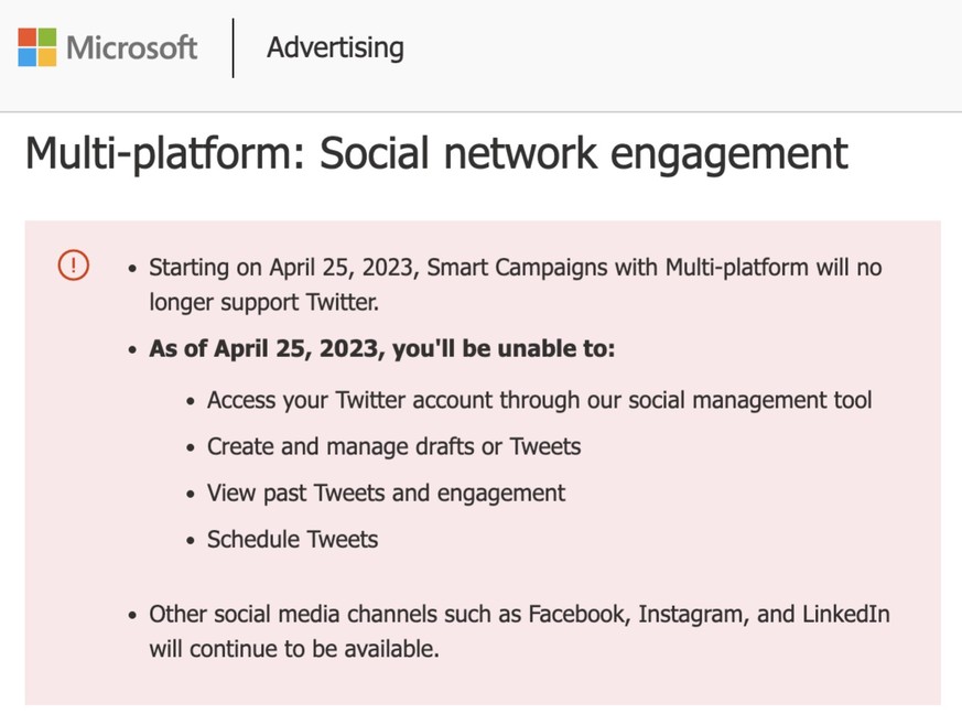 Der Hinweis auf die Entfernung von Twitter von der Microsoft-Website.