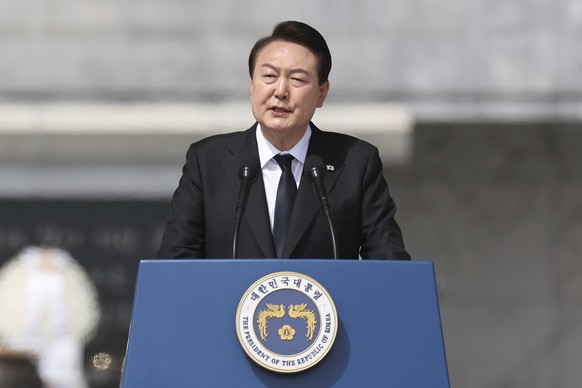 FILE - South Korean President Yoon Suk Yeol speaks during a ceremony to commemorate South Korean soldiers killed in three major clashes with North Korea in the West Sea in past years, at the national  ...