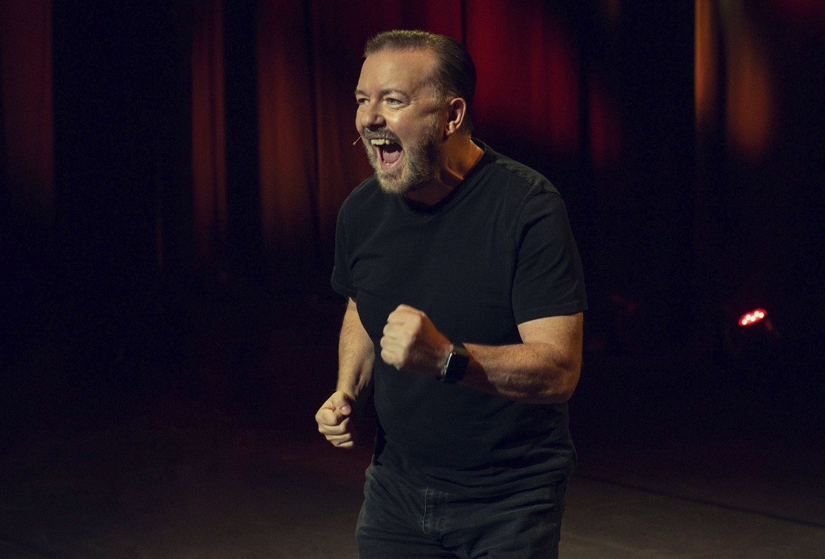 This image released by Netflix shows comedian Ricky Gervais in a scene from his comedy special "Ricky Gervais: Armageddon." (Netflix via AP)