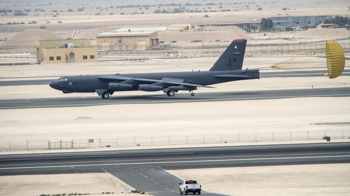 A U.S. Air Force B-52 Stratofortress aircraft from Barksdale Air Force Base, Louisiana, arrive at Al Udeid Air Base, Qatar, Saturday, April 9, 2016. The U.S. Air Force says it has deployed the bombers ...