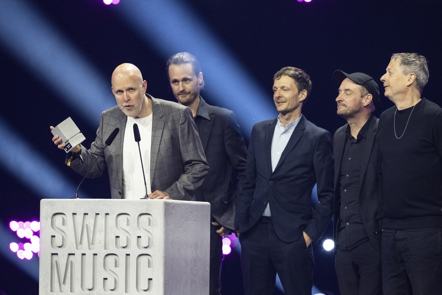 The Band Zueri West thanks for winning the, Best Group, during the award ceremony of the Swiss Music Awards in Zuerich, Switzerland, May 8, 2024. (KEYSTONE/Urs Flueeler)