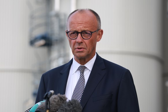 epa13209720 German Chancellor Friedrich Merz speaks during a statement after a visit to UPM Biochemicals in Leuna, Germany, 03 September 2026. German Chancellor Friedrich Merz visited the Leuna chemic ...