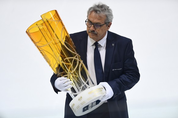 The Swiss Ice Hockey Championship trophy is seen before the fifth match of the playoff final of the National League of the ice hockey Swiss Championship between the HC Lugano and the ZSC Lions, at the ...