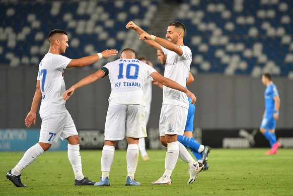 200820 -- TBILISI, Aug. 20, 2020 -- FC Tirana s players celebrate the victory after the qualifying match of UEFA Champions League 2020/2021 between Georgia s Dinamo and Albania s Tirana in Tbilisi, Ge ...