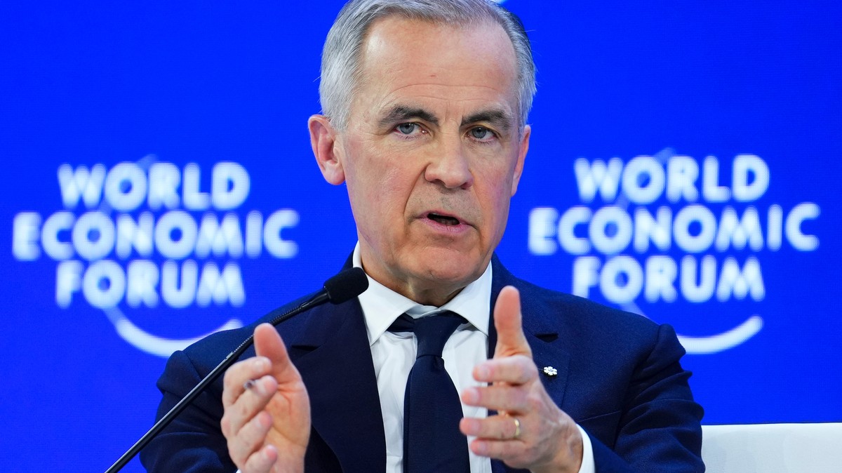 Canada Prime Minister Mark Carney delivers a speech at the World Economic Forum in Davos, Switzerland on Tuesday, Jan. 20, 2026. (Sean Kilpatrick/The Canadian Press via AP)
Mark Carney