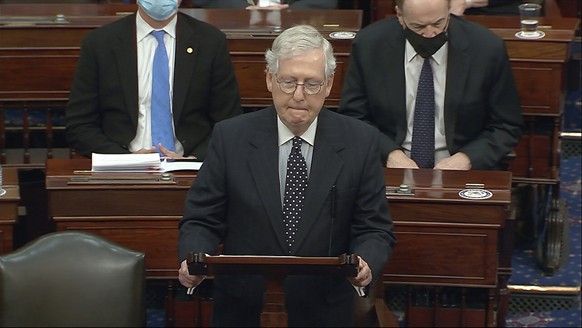 In this image from video, Senate Majority Leader Mitch McConnell of Ky., speaks as the Senate reconvenes after protesters stormed into the U.S. Capitol on Wednesday, Jan. 6, 2021. (Senate Television v ...
