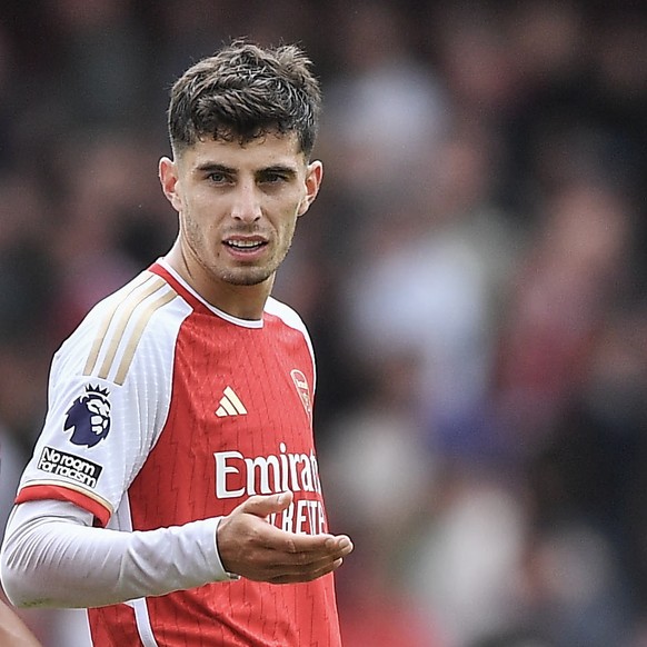 epa10797024 William Saliba (L) and Kai Havertz of Arsenal react after the English Premier Leage soccer match between Arsenal London and Nottingham Forest in London, Britain, 12 August 2023. EPA/VINCE  ...