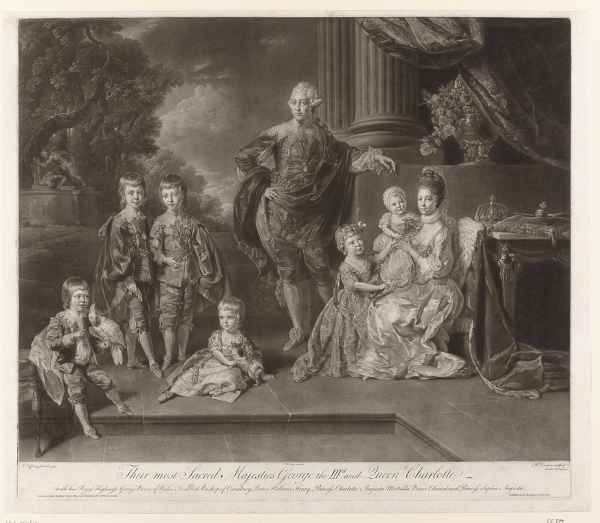 George III of England and his family.  The English royal family was portrayed in 1770 by the Viennese painter Zoffany.  On the left are the two eldest sons George and Frederick In front of them Prince William w...