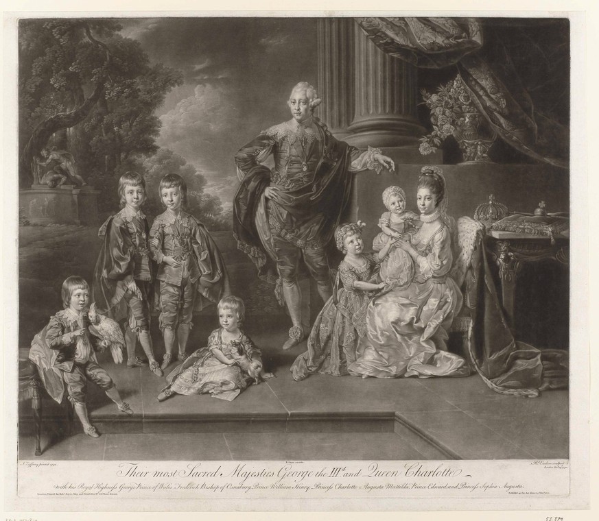 George III of England and his family. The English royal family was portrayed by the Viennese painter Zoffany in 1770. On the left are the two oldest sons George and Frederick For them Prince William w ...