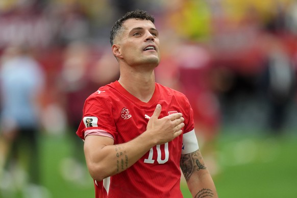 epa13096784 Granit Xhaka of Switzerland celebrates with their supporters after winning of the FIFA World Cup 2026 Round of 16 match Switzerland against Colombia, in Vancouver, Canada, 07 July 2026. EP ...