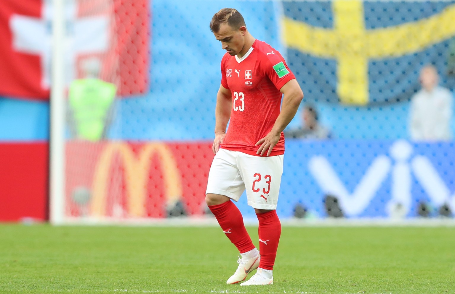epa06861329 Xherdan Shaqiri of Switzerland reacts during the FIFA World Cup 2018 round of 16 soccer match between Sweden and Switzerland in St.Petersburg, Russia, 03 July 2018.

(RESTRICTIONS APPLY: ...