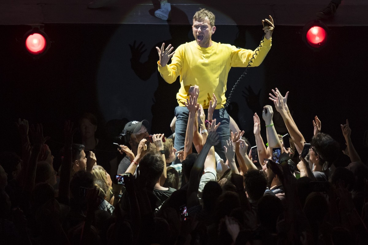 Singer Damon Albarn of the British alternative rock band Gorillaz performs on the main stage during the 43th edition of the Paleo Festival, in Nyon, Switzerland, Friday, July 20, 2018. The Paleo is th ...