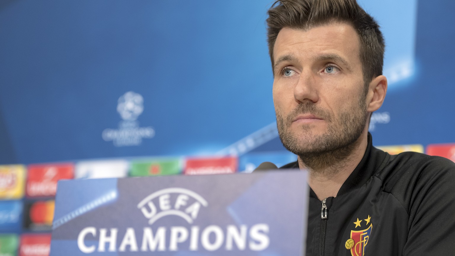 Basel&#039;s head coach Raphael Wicky speaks during a press conference the day before the Champions League Group A soccer match between Switzerland&#039;s FC Basel 1893 and England&#039;s Manchester U ...