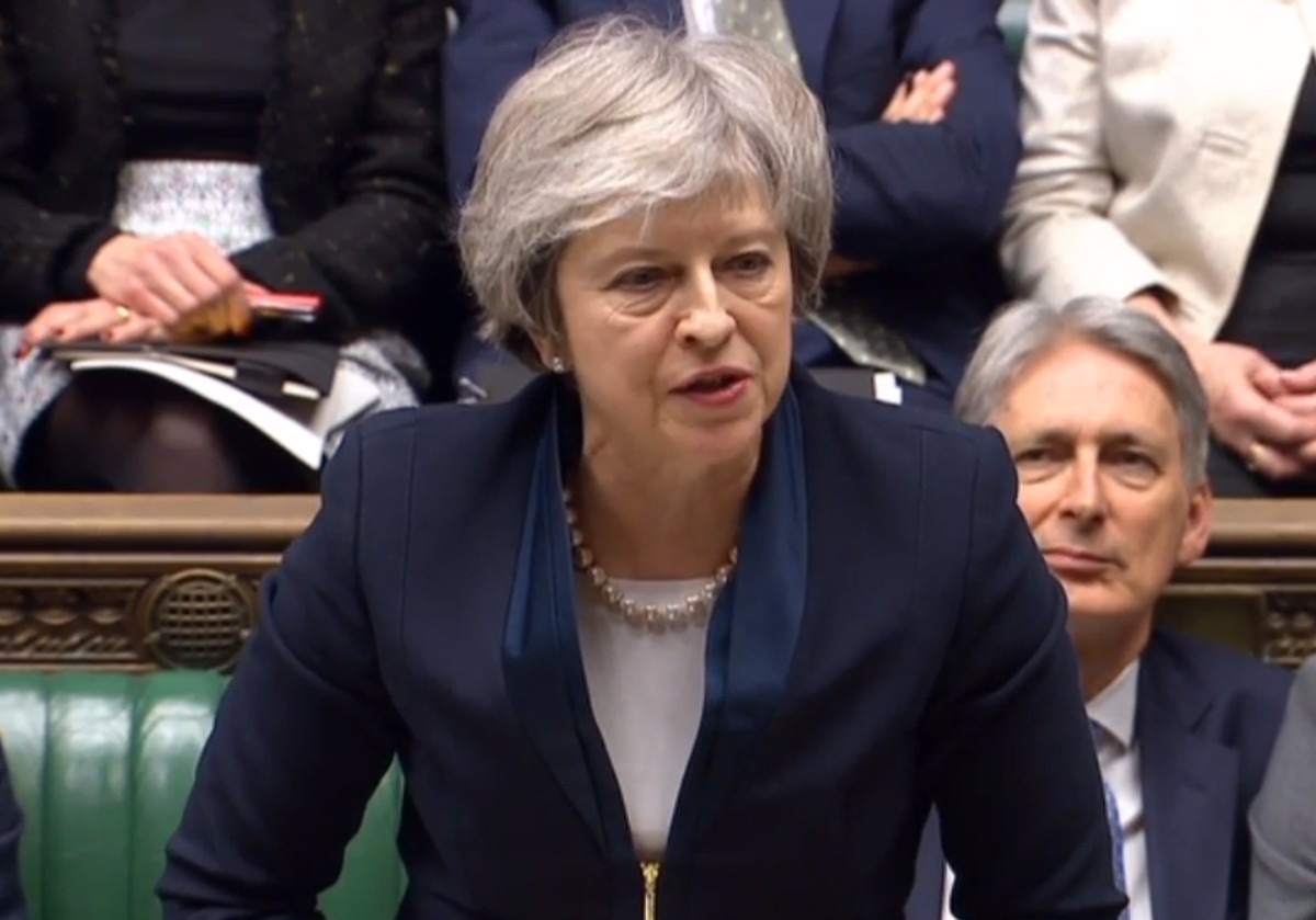 epa07287561 A handout video-grabbed still image from a video made available by UK parliament's parliamentary recording unit showing Britain's Prime Minister Theresa May speaking prior to the ...