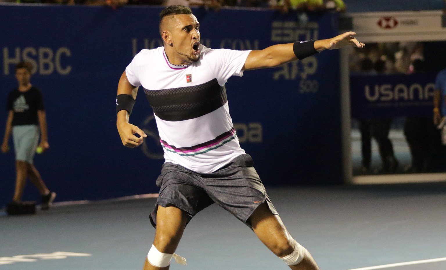 epa07403070 Nick Kyrgios of Australia celebrates his win against Rafael Nadal of Spain in their Mexico Tennis Open round of 16 match held in Acapulco, Mexico, 27 February 2019. EPA/David Guzman