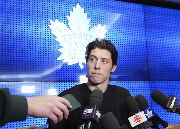 Toronto Maple Leafs forward Mitch Marner speaks to the media during an end-of-season NHL hockey news conference in Toronto, Tuesday, May 20, 2025. (Nathan Denette/The Canadian Press via AP)
Maple Leaf ...