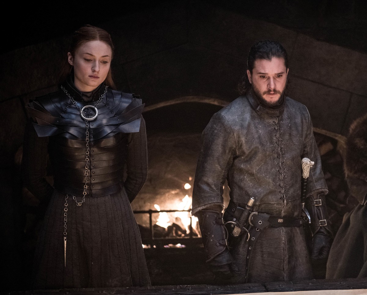 This image released by HBO shows from left, Sophie Turner, Kit Harington, Isaac Hempstead Wright, and Maisie Williams in a scene from "Game of Thrones," that aired Sunday, April 21, 2019. Wi ...