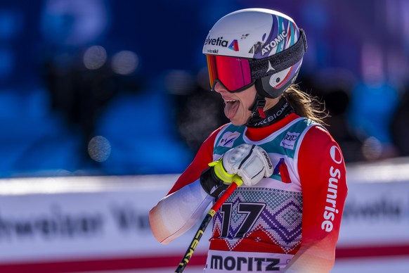 KEYPIX - Malorie Blanc of Switzerland reacts in the finish area during the women's Super-G race at the Alpine Skiing FIS Ski World Cup, in St. Moritz, Switzerland, Sunday, December 14, 2025. (KEY ...