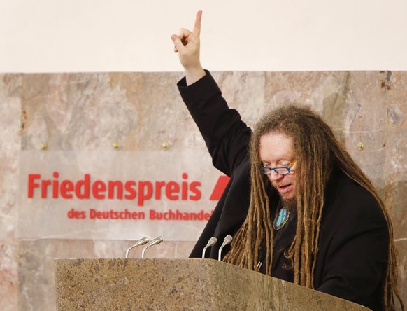 U.S. author, musician and computer scientist Jaron Lanier gestures as he delivers a speech in the Paul&#039;s church in Frankfurt, Germany, Sunday, Oct. 12, 2014. Lanier was awarded the Peace Prize of ...