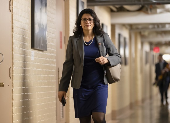 epa07538142 Democratic Representative Rashida Tlaib of Michigan arrives for a House Democratic Caucus meeting at the Capitol in Washington, DC, USA, 30 April 2019. EPA/ERIK S. LESSER