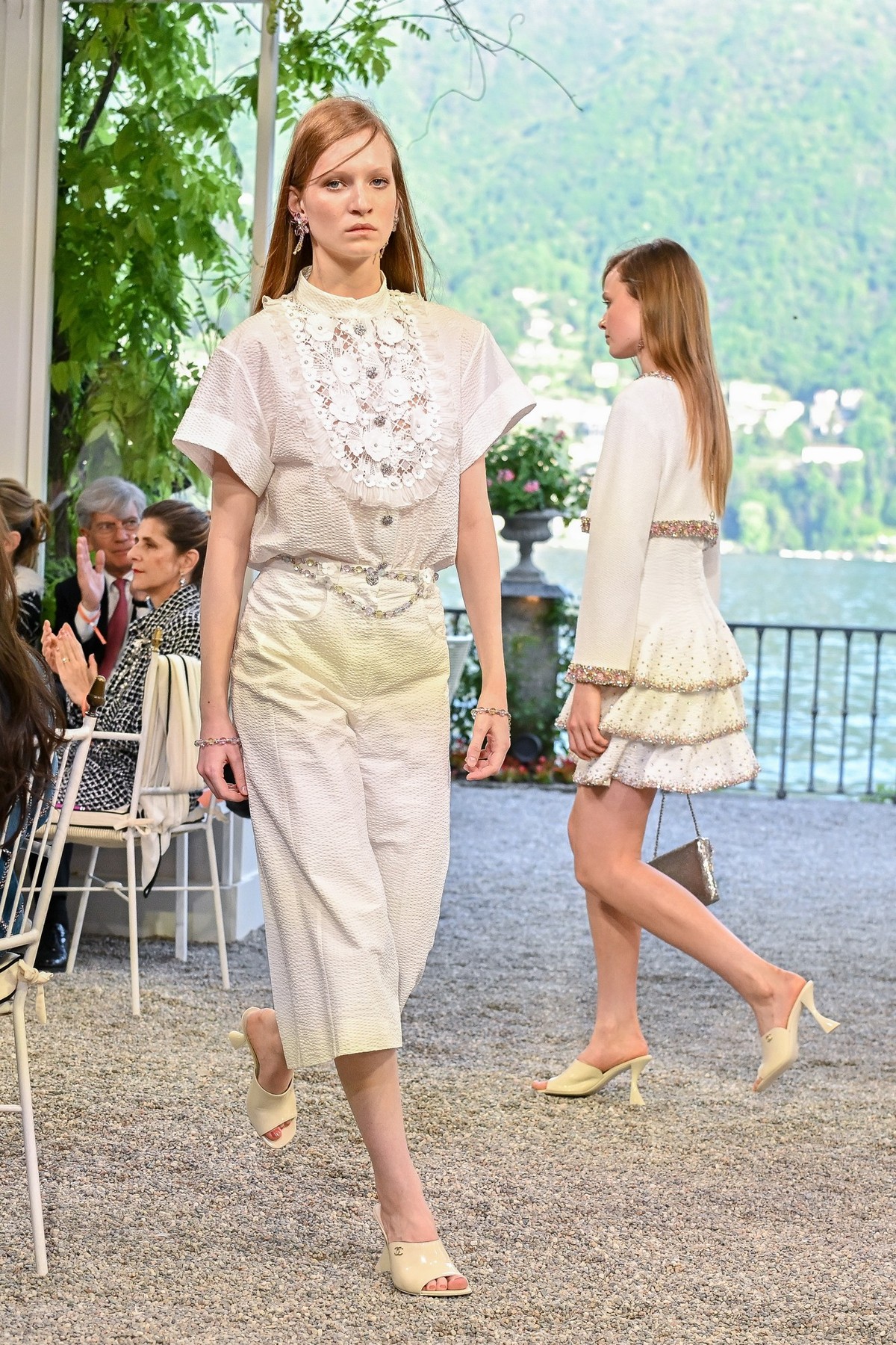 COMO, ITALY - APRIL 29: A model walks the runway at the Chanel Cruise 2025 fashion show at Villa D'Este on April 29, 2025 in Como, Italy. (Photo by Stephane Cardinale - Corbis/Corbis via Getty Im ...