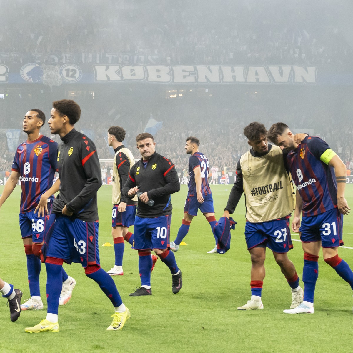 KEYPIX - Basel's disappointed players after the UEFA Champions League play-off second leg match between Denmark's F.C. Copenhagen and Switzerland's FC Basel 1893 at the Parken stadium i ...