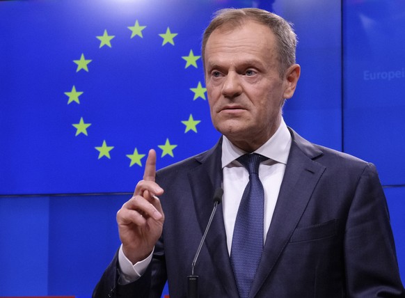 epa07414946 The President of the European Council Donald Tusk (R) arrives for a statement to the media following a meeting with the Prime Minister of Armenia, in Brussels, Belgium, 05 March 2019. EPA/ ...