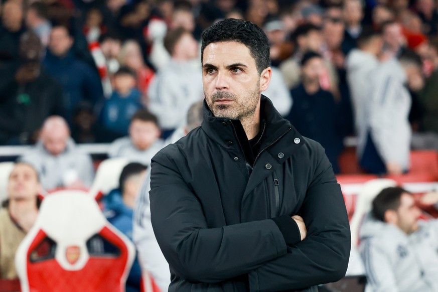 epa12828339 Arsenal's manager Mikel Arteta ahead of the UEFA Champions League Round of 16 2nd leg match between Arsenal and Bayer 04 Leverkusen in London, Great Britain, 17 March 2026. EPA/NEIL H ...