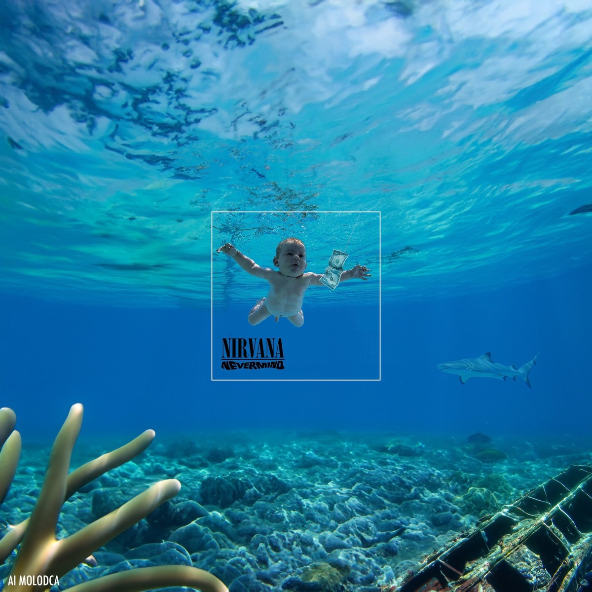 Neue KI-Photoshop-Funktion ändert bekanntes Album-Cover der Rockband Nirvana.