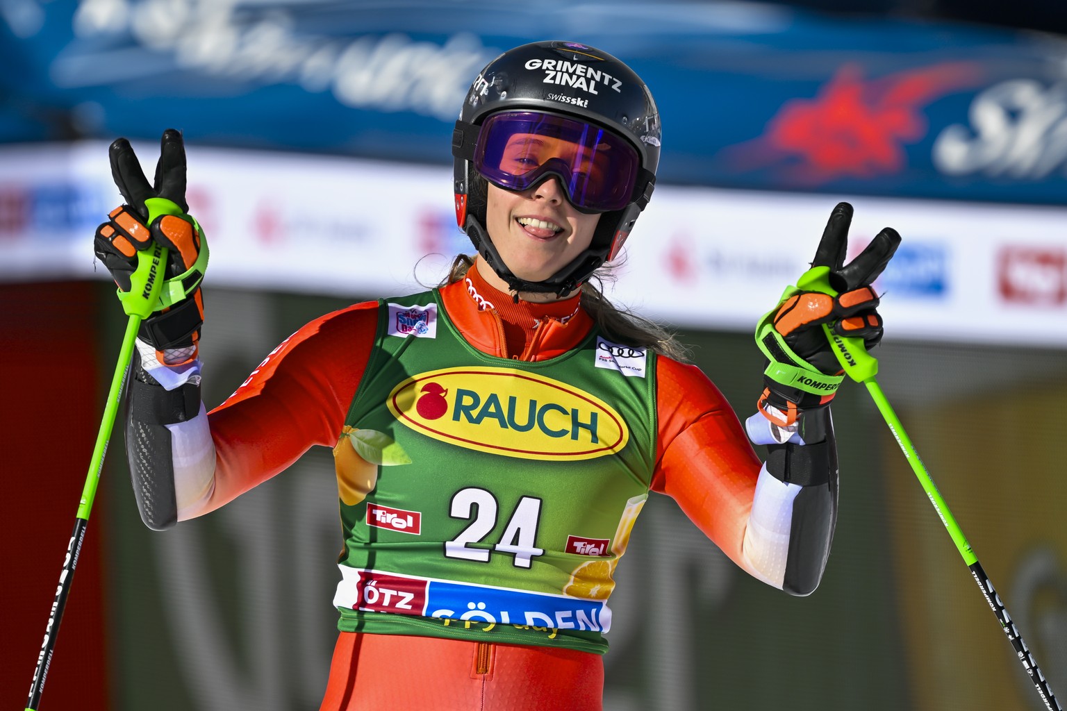 epa10944656 Camille Rast of Switzerland reacts in the finish area during the second run of the Women&#039;s Giant Slalom race of the FIS Alpine Skiing World Cup season opener on the Rettenbach glacier ...