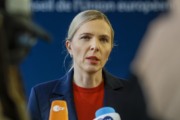 epa09512658 Lithuanian Interior Minister Agne Bilotaite speaks to media as she arrives for the Justice and Home Affairs Council meeting in Luxembourg, 08 October 2021. Ministers will work on Migration ...