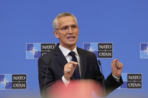 NATO Secretary-General Jens Stoltenberg speaks during a press conference at the NATO headquarters, Wednesday, Nov. 16, 2022 in Brussels. Ambassadors from the 30 NATO nations gathered in Brussels Wedne ...