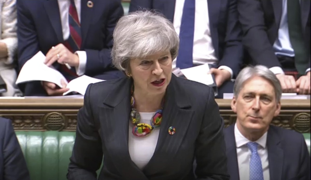 In this image taken from video, Britain's Prime Minister Theresa May gives a statement about progress on Brexit talks to members of parliament in the the House of Commons, London, Tuesday Feb. 12 ...