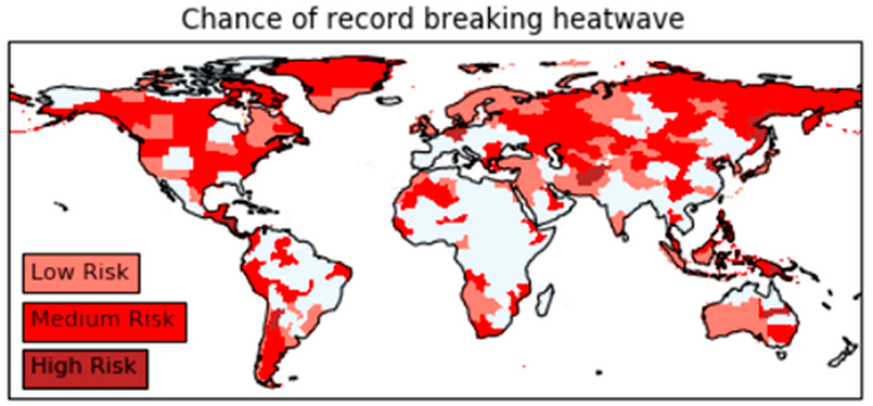 Die Regionen, in denen Rekordhitzewellen besonders wahrscheinlich sind und sich im Zyklus von weniger als 100 Jahren wiederholen werden.