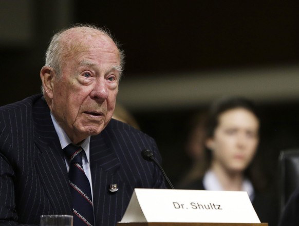 Former United States Secretaries of State George Shultz (L) and Madeleine Albright testify at the Senate Armed Services Committee on global challenges and U.S. national security strategy on Capitol Hi ...