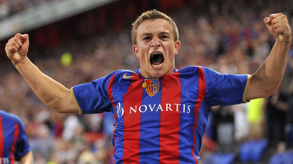 Basel's Xherdan Shaqiri cheers after scoring during the UEFA Europa League qualifying round second leg soccer match between Switzerland's FC Basel and Iceland's RK Reykjavik in the St.  ...