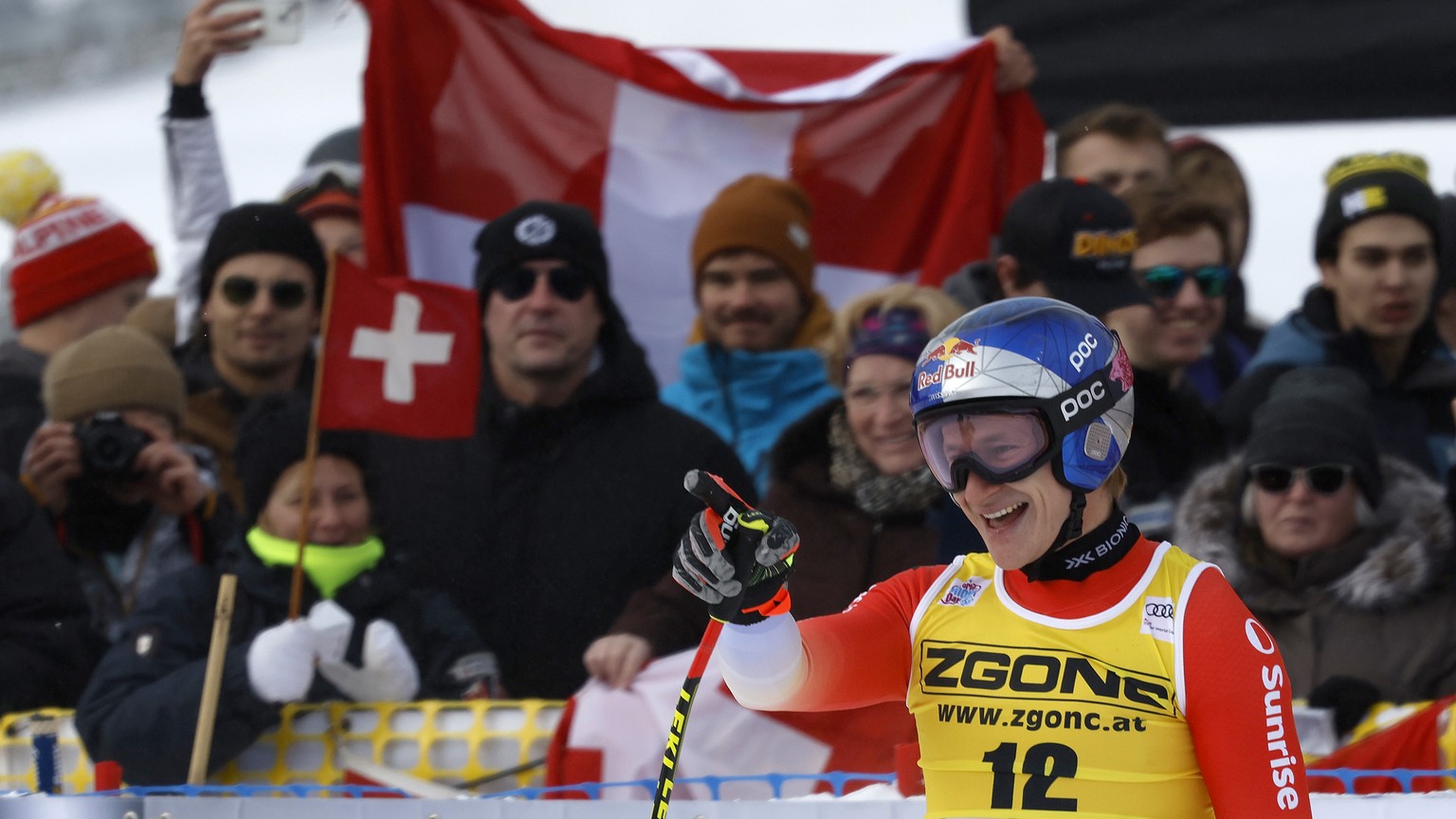 Switzerland&#039;s Marco Odermatt reacts in the finish area during the men&#039;s downhill ski race at the FIS Alpine Skiing World Cup in Lake Louise, Alberta, Saturday, Nov. 26, 2022. (Jeff McIntosh/ ...