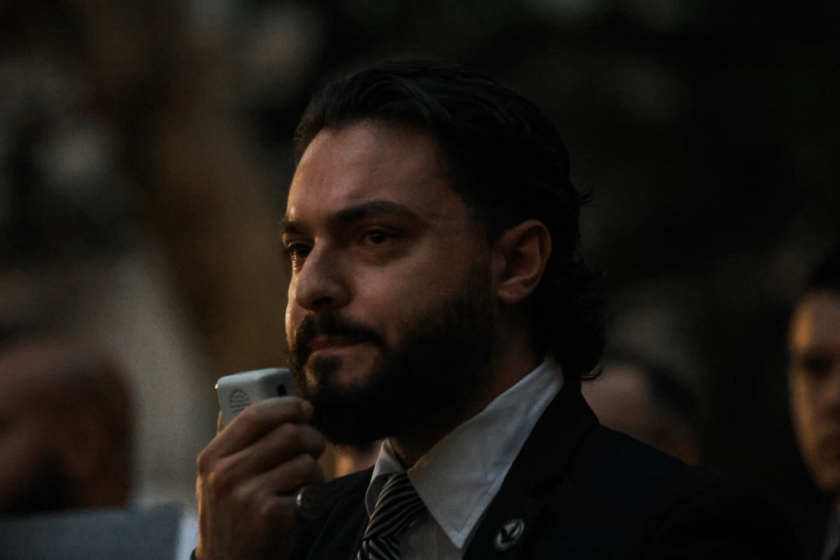 epa12372220 President of New York Young Republicans Club Stefano Forte speaks during a vigil for US conservative activist and Turning Point USA founder Charley Kirk in New York City, New York, USA, 12 ...