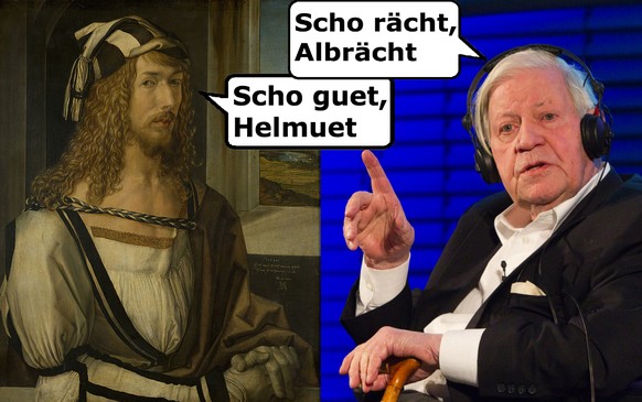 Links im Bild ist der deutsche Maler Albrecht Dürer (1471 bis 1528), rechts sitzt Helmut Schmidt, der von 1974 bis 1982&nbsp;deutscher Bundeskanzler war. Input: Wnuss.