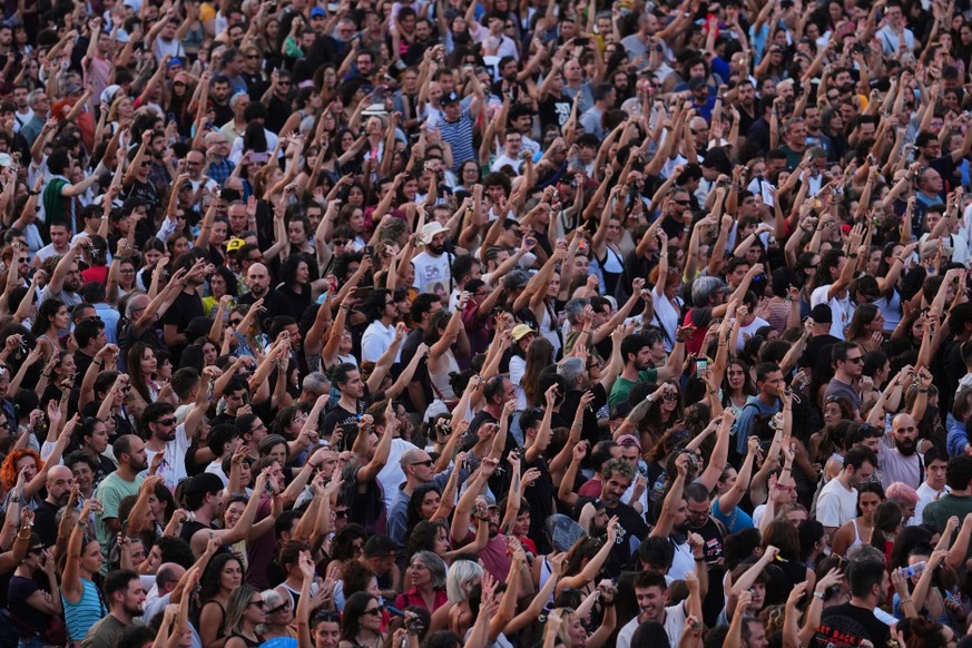 People gather during a protest following the eviction last Wednesday of 87-year-old Maricarmen to demand stronger laws to protect renters at Puerta del Sol in Madrid, Spain, Saturday, Sept. 26, 2026.  ...