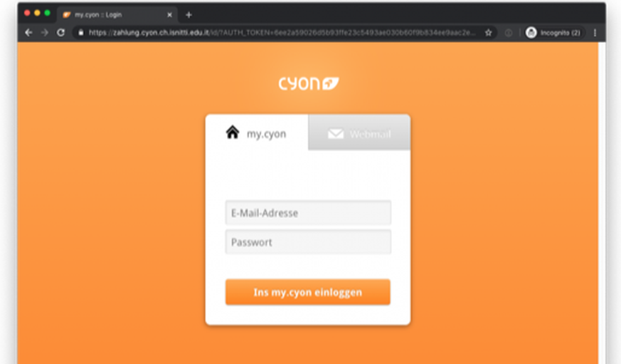 Eine gefälschte Login-Seite des Schweizer Webhosting-Anbieters Cyon.