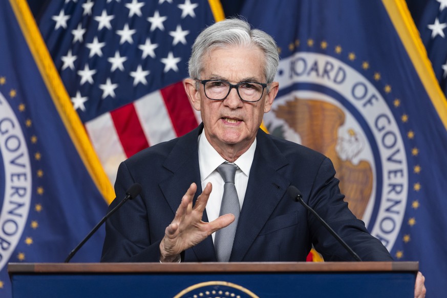 epa10953253 US Federal Reserve Board Chairman Jerome Powell delivers remarks after the Fed refrained from raising interest rates following its two-day conference at the Federal Reserve in Washington,  ...
